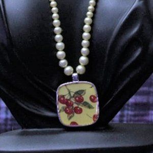 Vintage Faux Pearl Cherry Pendant Necklace